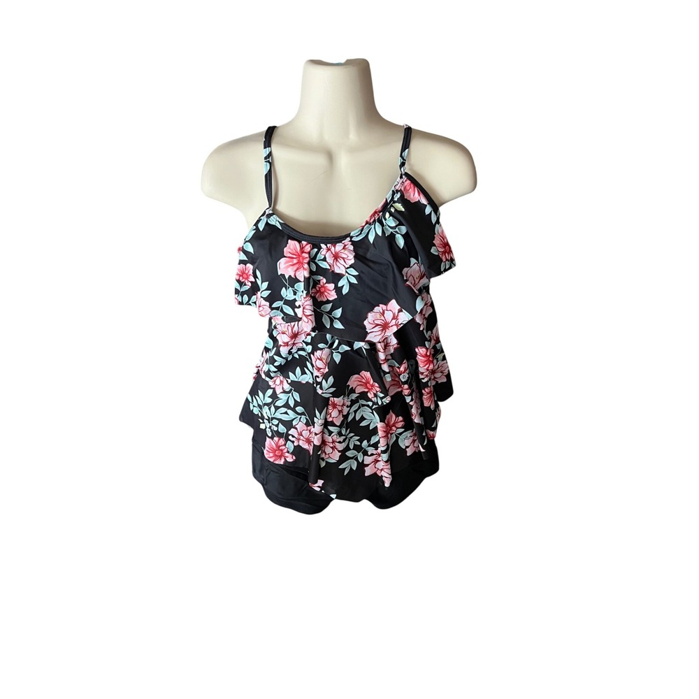 Womens Floral Tankini Swimsuit Two Piece Ruffle Top Boy Shorts Black Pink Size M